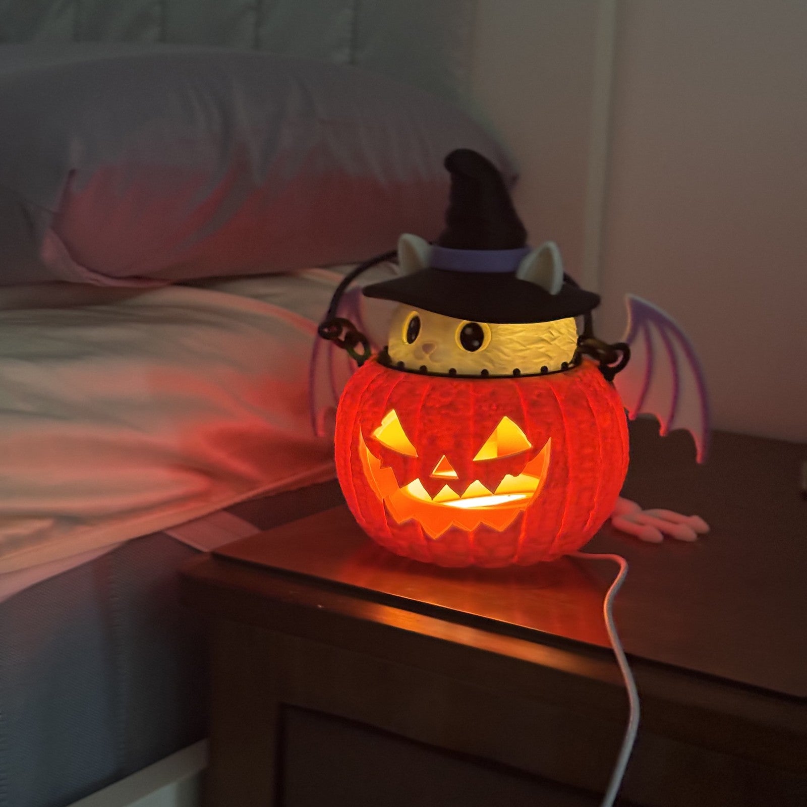Bed Lamp Cute Cat Rotatable Pumpkin Table Light Halloween Kitty Fun